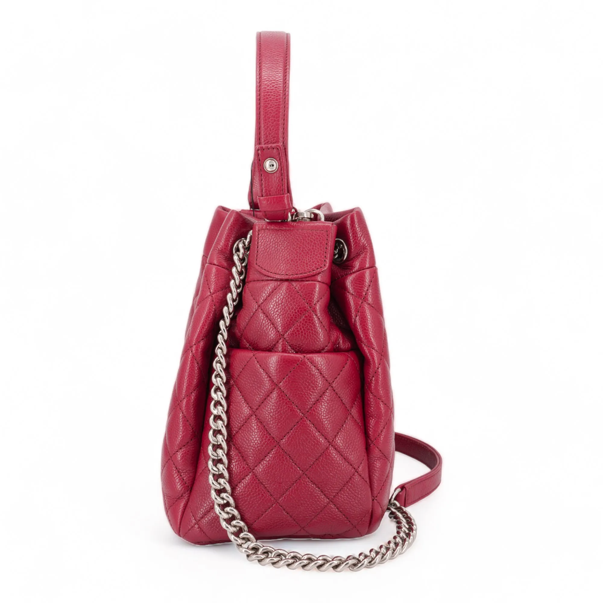 19K Drawstring Chain Bucket Bag in Dark Pink Caviar