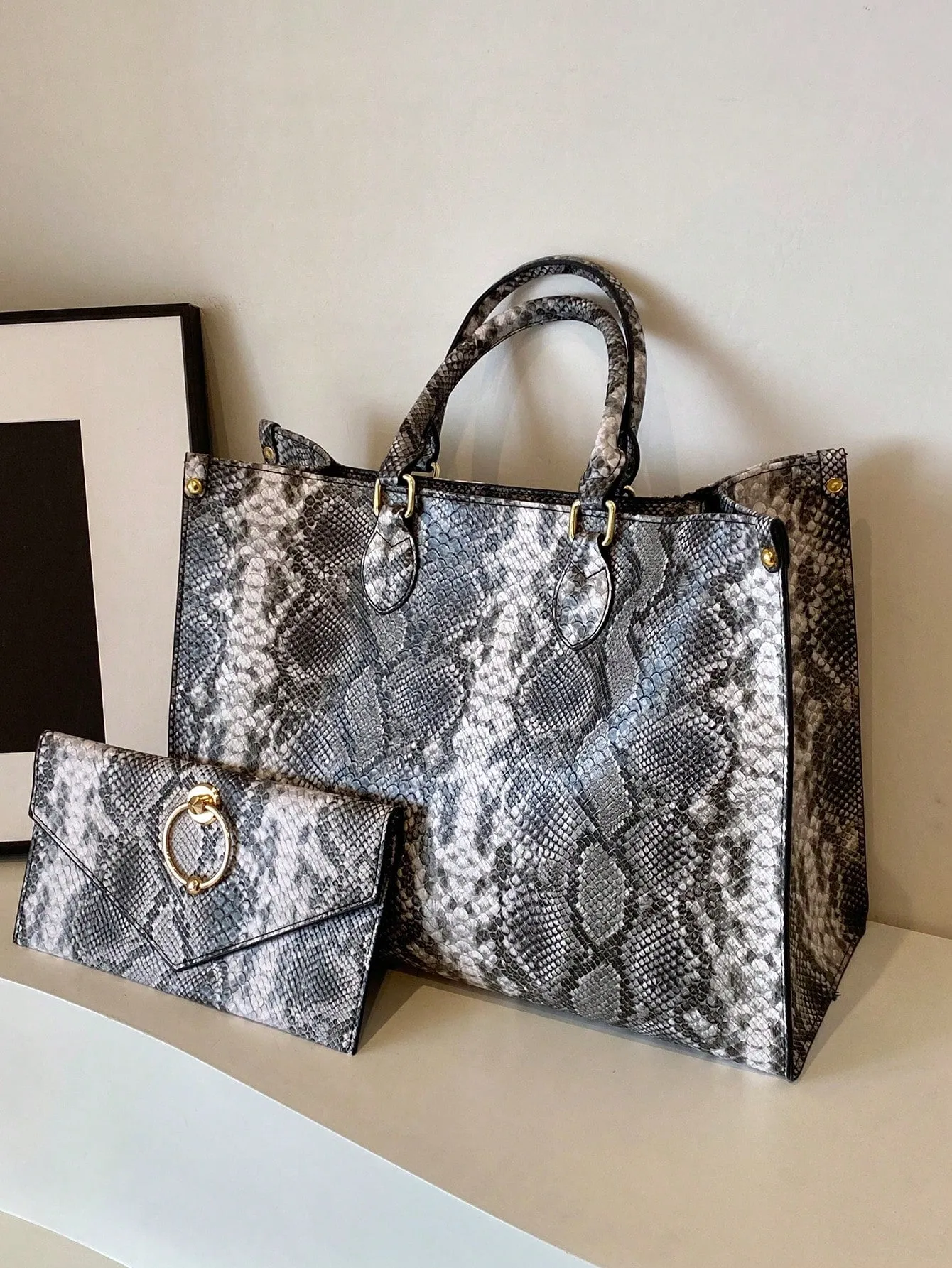 2pcs Large Capacity Python Patterned Tote Combination Bag