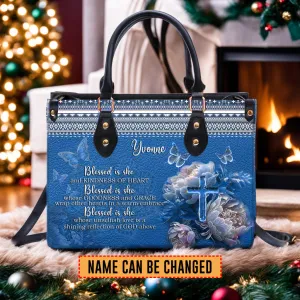 Christianartbag Handbags, Blessed Is She Leather Handbag Blue, Personalized Bags, Gifts for Women, Christmas Gift, CABLTB01290923.