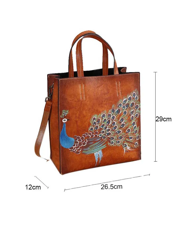 Genuine Leather Casual Tote Vintage Animal Prints Versatile Hand Painted Peacock Women Handbags